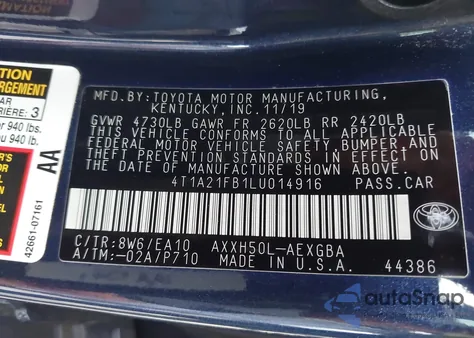 2020 Toyota Avalon Hybrid Xle из США, поврежденный, VIN 4T1A21FB1LU014916